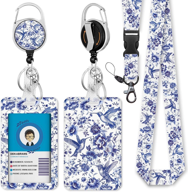 GIANCOMICS Bird Flowers Lanyards for Id Badges, Floral ID Badge Holder with Retractable Reel, Blue Cute Lanyard with Key Keychain Carabiner Clip Name Tag Card Holder for Teacher Women Work Office - Image 1